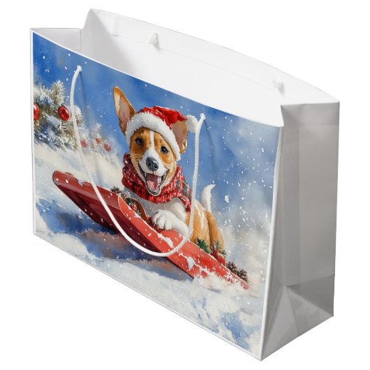 Basenji Hond in Sledge Laat het Sneeuw Kerstmis Groot Cadeauzakje (Achterkant Gekanteld)