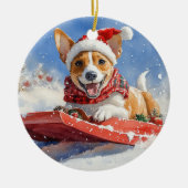 Basenji Hond in Sledge Laat het Sneeuw Kerstmis Keramisch Ornament (Voorkant)