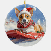 Basenji Hond in Sledge Laat het Sneeuw Kerstmis Keramisch Ornament (Achterkant)