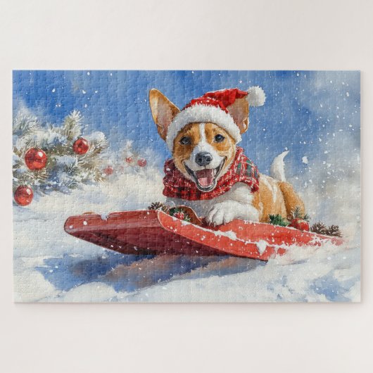 Basenji Hond in Sledge Laat het Sneeuw Kerstmis Legpuzzel (Horizontaal)