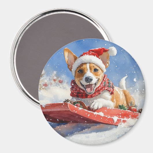 Basenji Hond in Sledge Laat het Sneeuw Kerstmis Magneet (Voorkant / Achterkant)