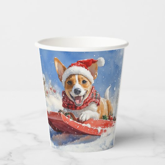 Basenji Hond in Sledge Laat het Sneeuw Kerstmis Papieren Bekers (Voorkant)