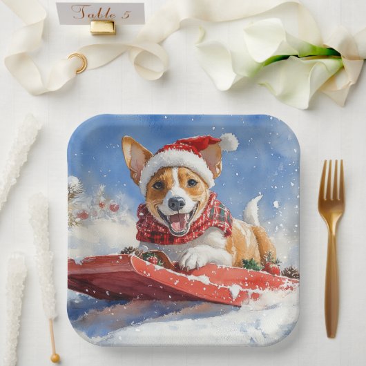 Basenji Hond in Sledge Laat het Sneeuw Kerstmis Papieren Bordje (Huwelijk)