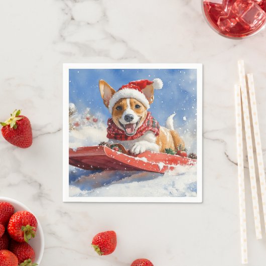 Basenji Hond in Sledge Laat het Sneeuw Kerstmis Servet (Insitu)