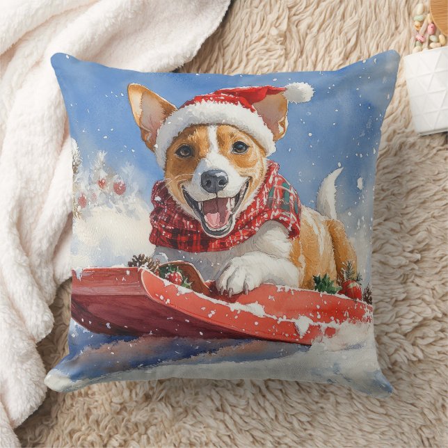 Basenji-hond in slee Laat het sneeuwen Kerstmis Kussen (Deken)