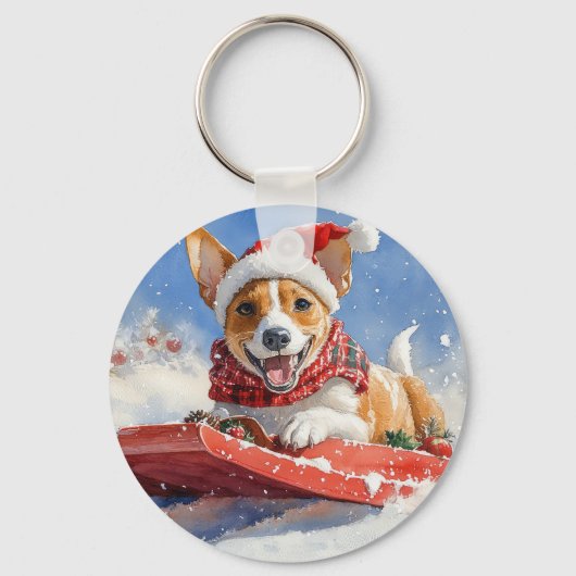 Basenji-hond in slee Laat het sneeuwen Kerstmis Sleutelhanger (Voorkant)