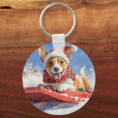 Basenji-hond in slee Laat het sneeuwen Kerstmis Sleutelhanger (Voorkant)
