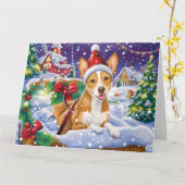 Basenji Hond in Sleigh Sneeuw Kerstmis Kaart (Gele Bloem)