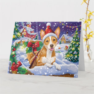 Basenji Hond in Sleigh Sneeuw Kerstmis Kaart