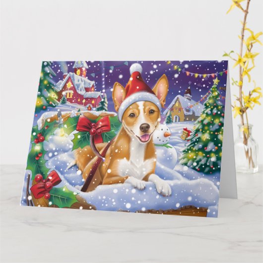 Basenji Hond in Sleigh Sneeuw Kerstmis Kaart (Gele Bloem)
