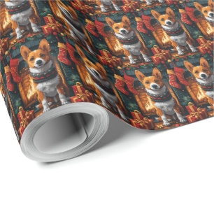 Basenji hond met kerstcadeaus open haard cadeaupapier
