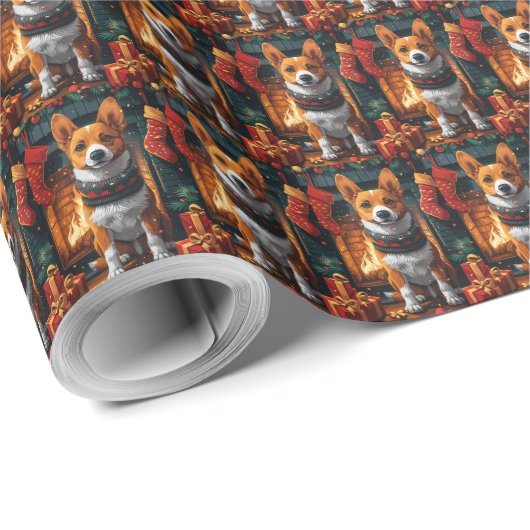 Basenji hond met kerstcadeaus open haard cadeaupapier (Rol Hoek)