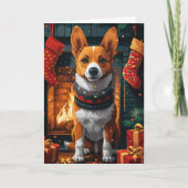 Basenji hond met kerstcadeaus open haard kaart (Voorkant)