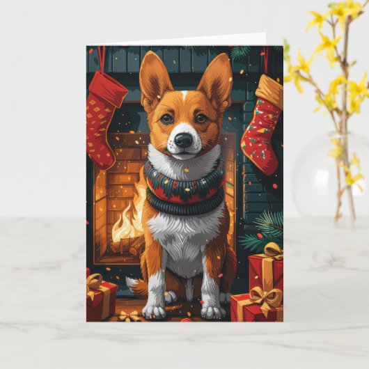 Basenji hond met kerstcadeaus open haard kaart (Gele Bloem)