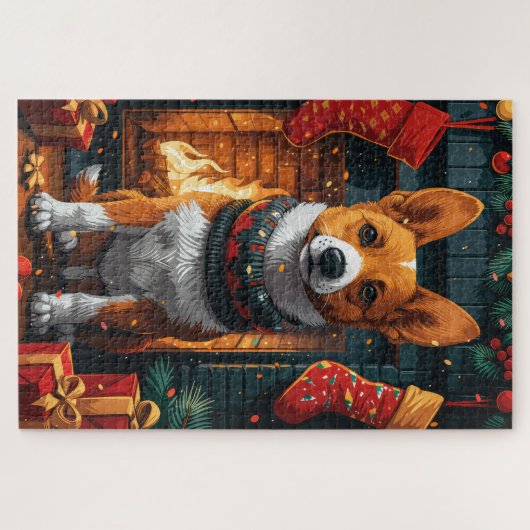 Basenji hond met kerstcadeaus open haard legpuzzel (Horizontaal)