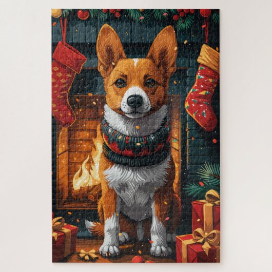 Basenji hond met kerstcadeaus open haard legpuzzel (Verticaal)