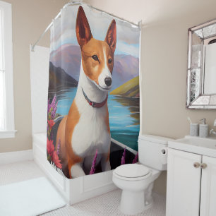 Basenji-hond op een peddel: een landschappelijk av douchegordijn