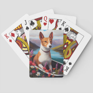 Basenji-hond op een peddel: een landschappelijk av pokerkaarten