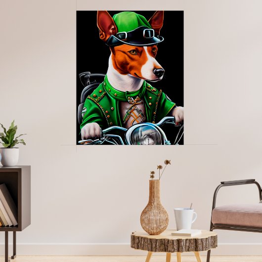 Basenji-hond rijdt op fiets St. Patrick's Day Poster (Woonkamer 3)