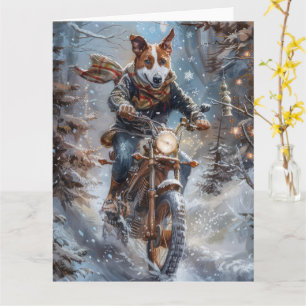 Basenji-hond rijdt op motorfiets met Kerstmis Kaart