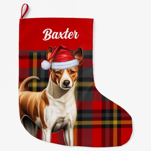 Basenji Hond Rood en Groen Gespeeld met Naam Grote Kerstsok (Voorkant)