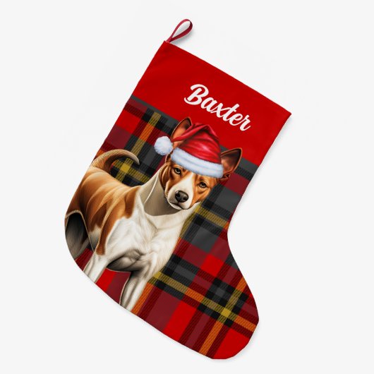 Basenji Hond Rood en Groen Gespeeld met Naam Grote Kerstsok (Voorkant (Hangend))