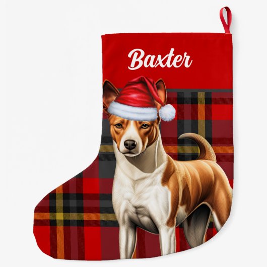 Basenji Hond Rood en Groen Gespeeld met Naam Grote Kerstsok (Achterkant)