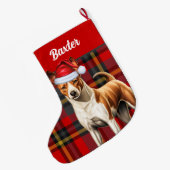 Basenji Hond Rood en Groen Gespeeld met Naam Grote Kerstsok (Achterkant (Hangend))