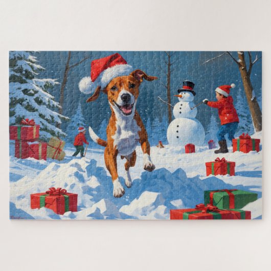 Basenji-hond speelt in de sneeuw winters decor legpuzzel (Horizontaal)