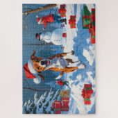 Basenji-hond speelt in de sneeuw winters decor legpuzzel (Verticaal)