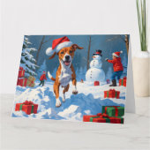 Basenji-hond speelt in de sneeuw winterscène kaart (Voorkant)