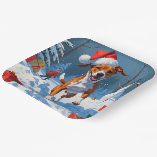 Basenji-hond speelt in sneeuwwinterscène papieren bordje (Gebogen)