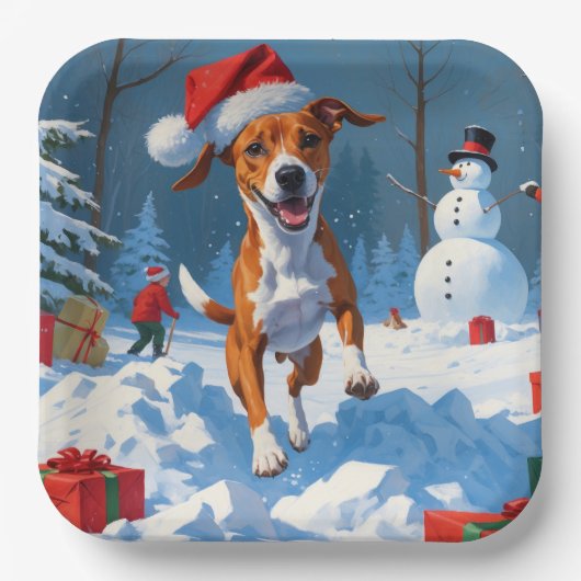 Basenji-hond speelt in sneeuwwinterscène papieren bordje (Voorkant)