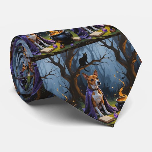 Basenji-hond whimische Halloween-schildering Stropdas (Opgerold)
