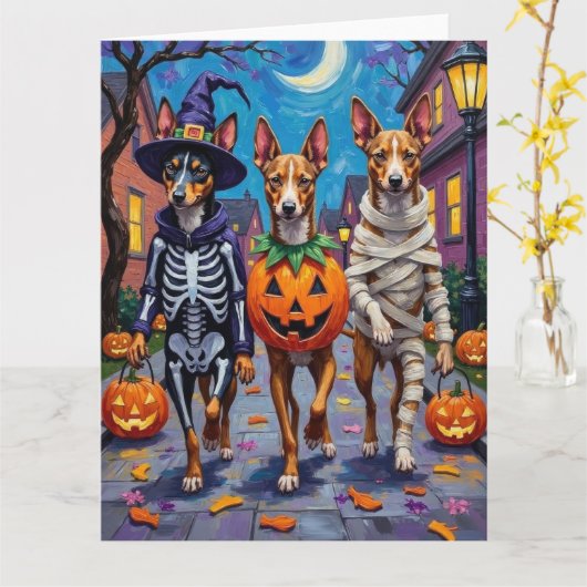 Basenji-honden gaan langs voor trick-or-treat met  kaart (Gele Bloem)