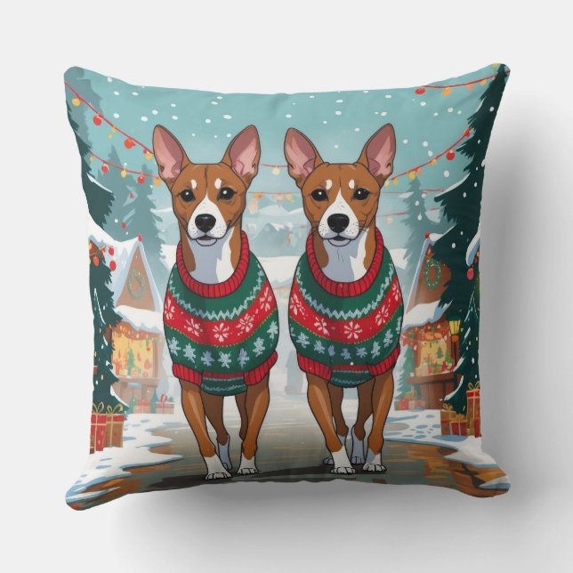 Basenji Honden Kerst Sneeuw Vakantie  Kussen (Achterkant)