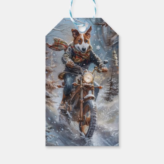 Basenji Hondenrit Motorfiets Kerstmis Cadeaulabel (Voorkant)