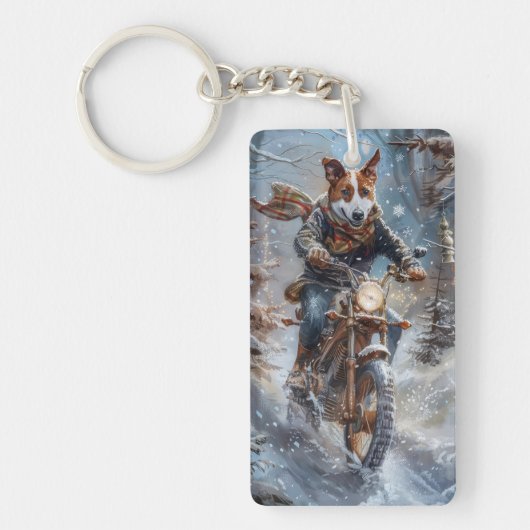 Basenji Hondenrit Motorfiets Kerstmis Sleutelhanger (Voorkant)