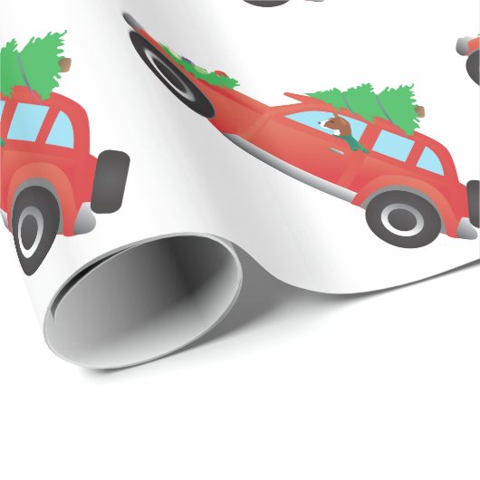Basenji houndhond bestuurt auto met kerstboom cadeaupapier (Rol Hoek)