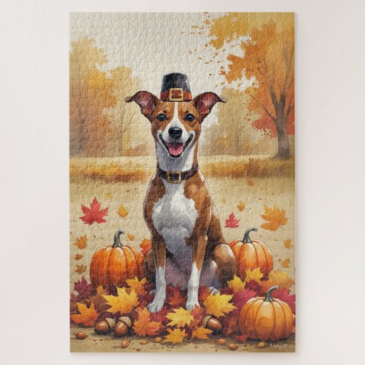 Basenji in herfstbladeren Thanksgiving kunst Legpuzzel (Verticaal)
