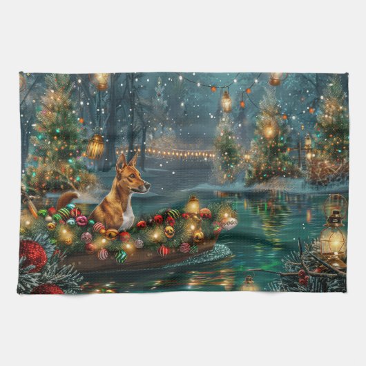 Basenji Kerst Feestelijke Reis Theedoek (Horizontaal)