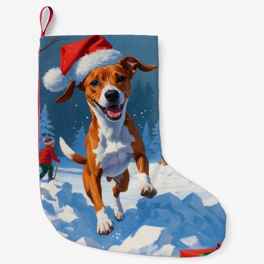 Basenji Kerstfeest Sneeuwscène Kleine Kerstsok (Voorkant)