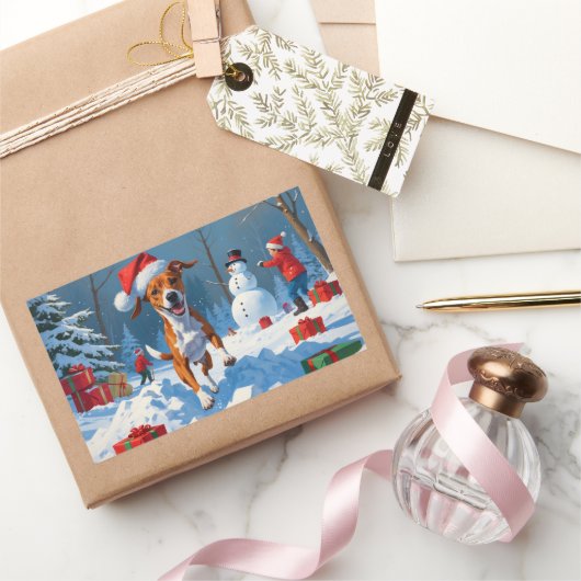 Basenji Kerstfeest Sneeuwscène Rechthoekige Sticker (Geschenken)