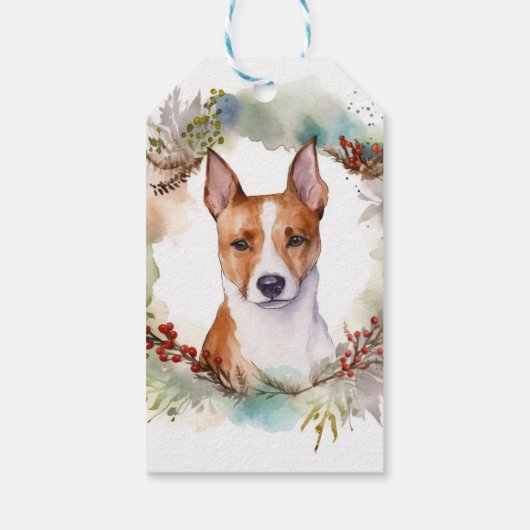 Basenji Kerstkrans feestelijke pup Cadeaulabel (Achterkant)