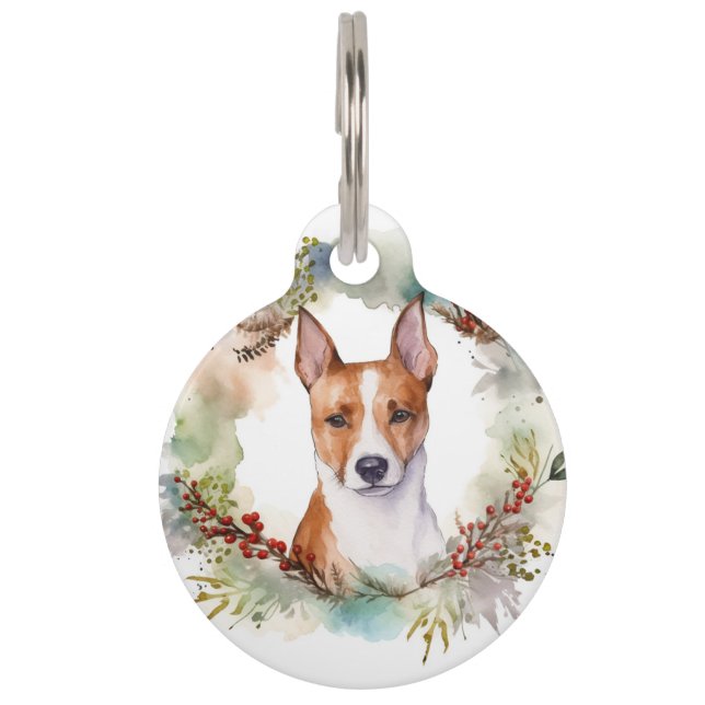 Basenji Kerstkrans feestelijke pup Huisdierpenning (Voorkant)