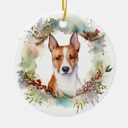 Basenji Kerstkrans feestelijke pup Keramisch Ornament (Voorkant)