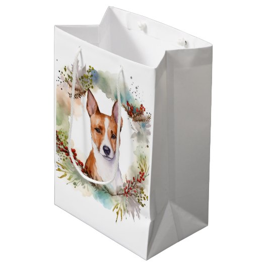 Basenji Kerstkrans feestelijke pup Medium Cadeauzakje (Voorkant Gekanteld)