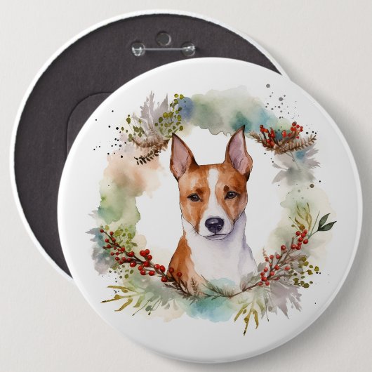 Basenji Kerstkrans feestelijke pup Ronde Button 6,0 Cm (Voorkant /achterkant)