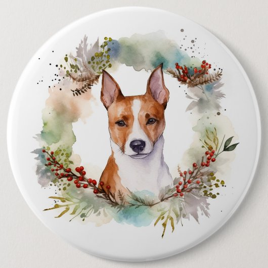 Basenji Kerstkrans feestelijke pup Ronde Button 6,0 Cm (Voorkant)
