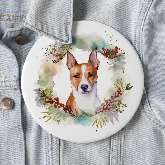 Basenji Kerstkrans feestelijke pup Ronde Button 6,0 Cm (In situ)